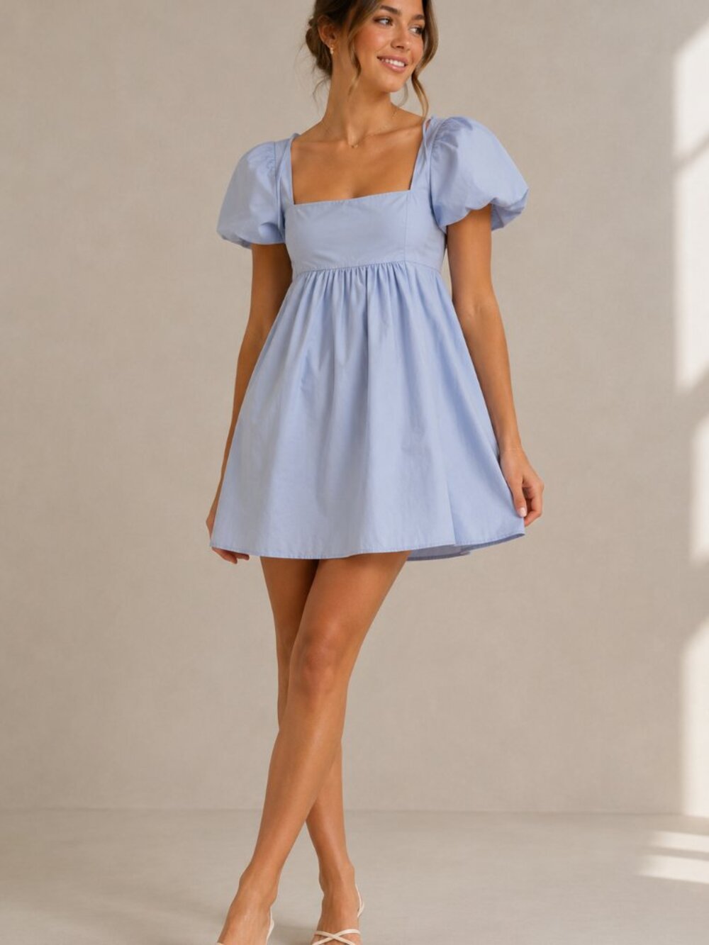 Draper James Light Blue Puff Sleeve Square Neck Mini Dress Size S - EUC